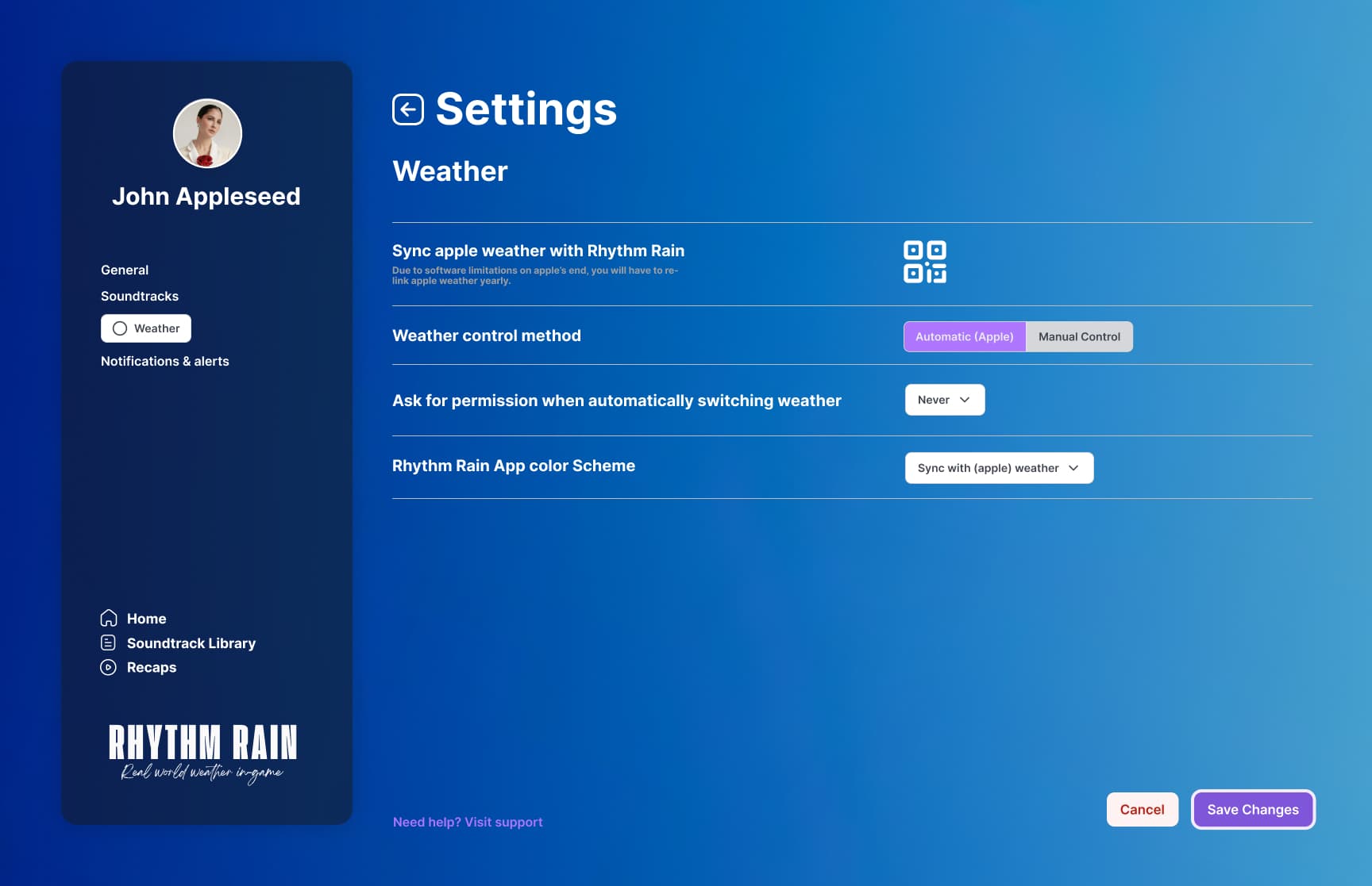 Settings screen